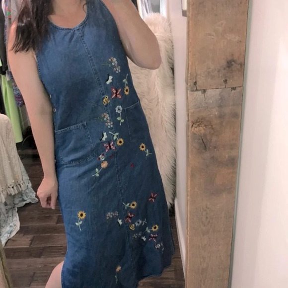 Vintage denim maxi dress floral embroidered size small cotton fabric - Picture 2 of 9